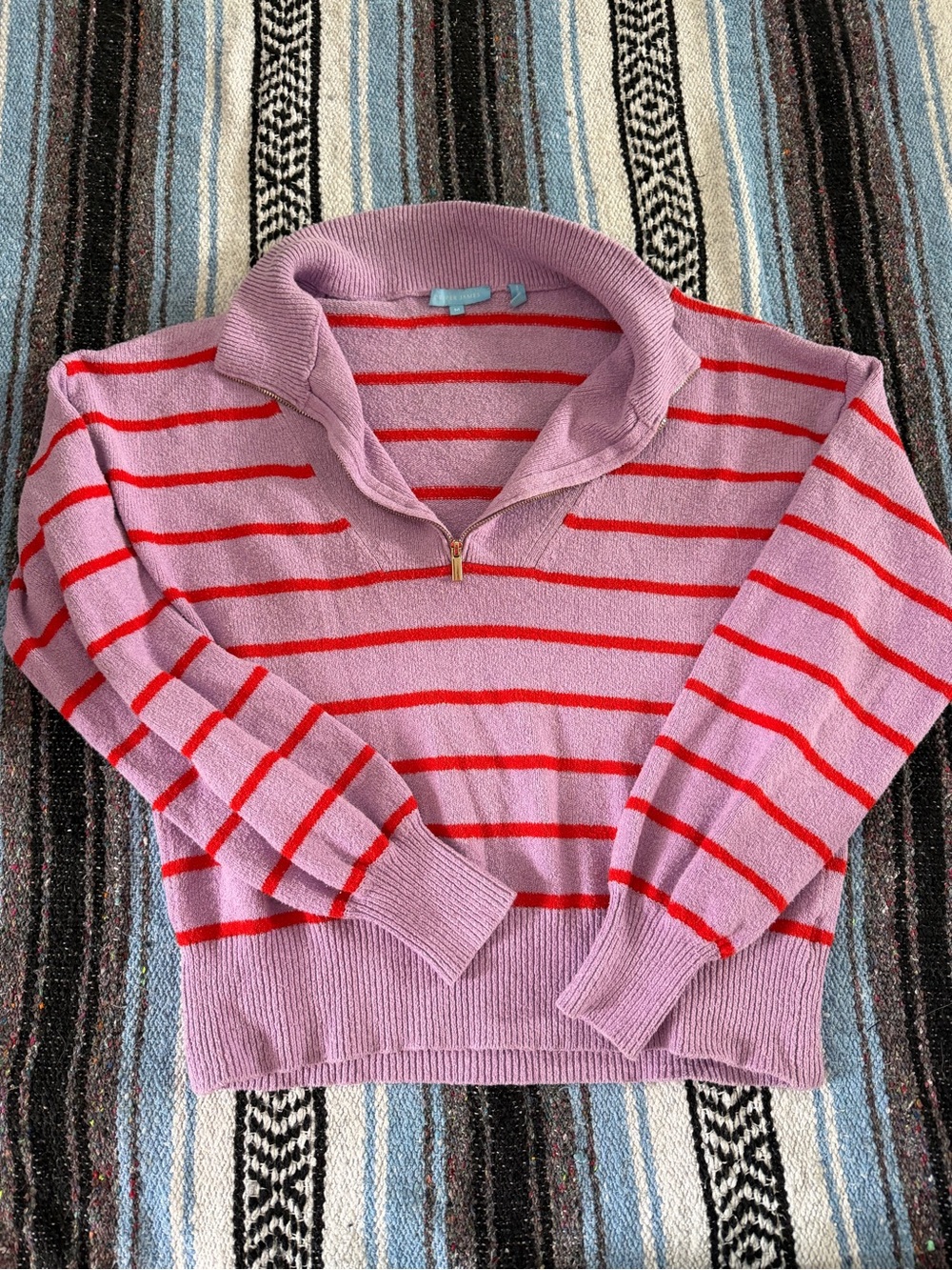 Draper James Lilac Sweater with Red Stripes and Half-Zip Collar